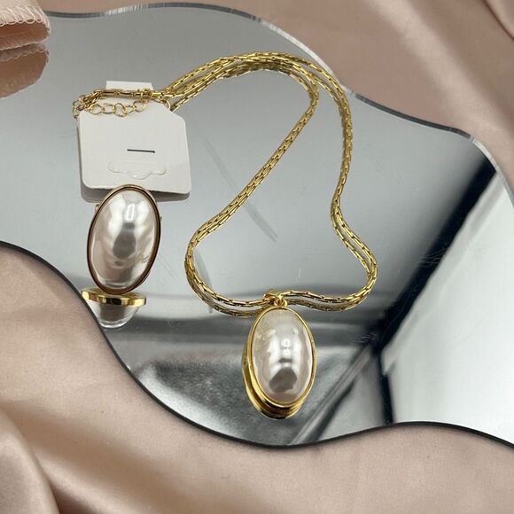 Gold-Tone Pearl Necklace and Ring Set - Picture 6 of 9